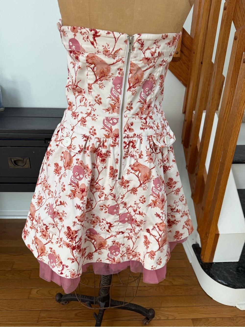 Betsey Johnson Cream and Rose Pink Floral Skull Strapless Party Dress - Picture 2 of 7